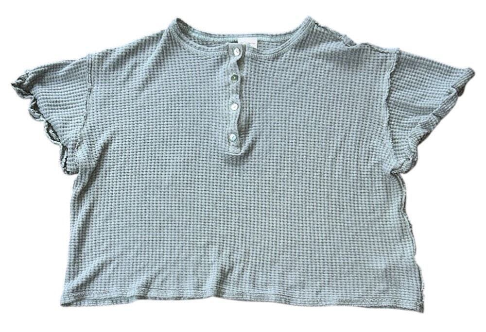 By Together Teal Green Waffle Knit Short Ruffle Sleeve Top Small